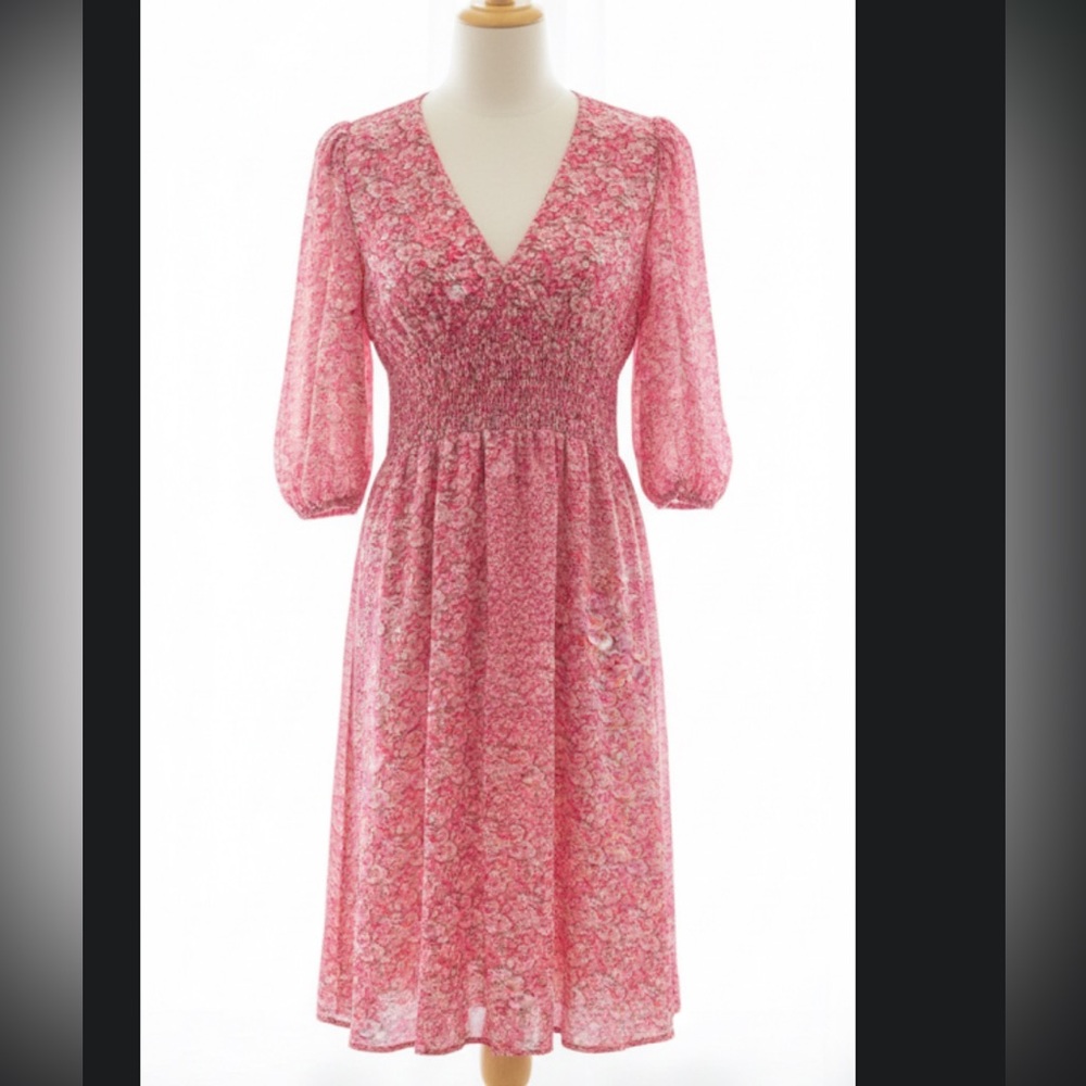 Pink Floral Coquette Midi Dress | Cottagecore Smocked Waist Sundress | RomanticM